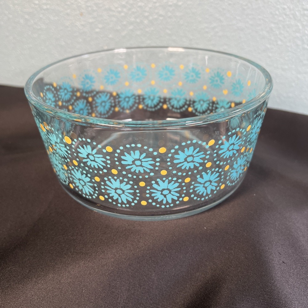 PIONEER WOMAN DANDELION DESIGN TEAL GOLD GLASS MIXING BOWL 1.75qt/‎ 7c